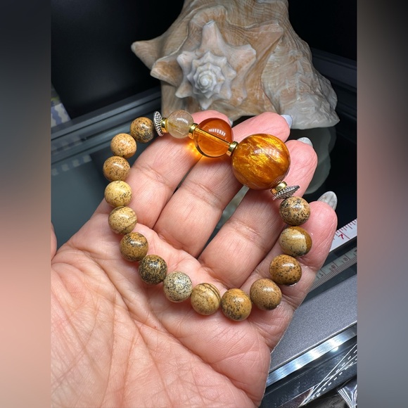 PICTURE JASPER + CITRINE + WILLOW SEA CORAL  NATURAL STONE BRACELET size 7” - Picture 6 of 13